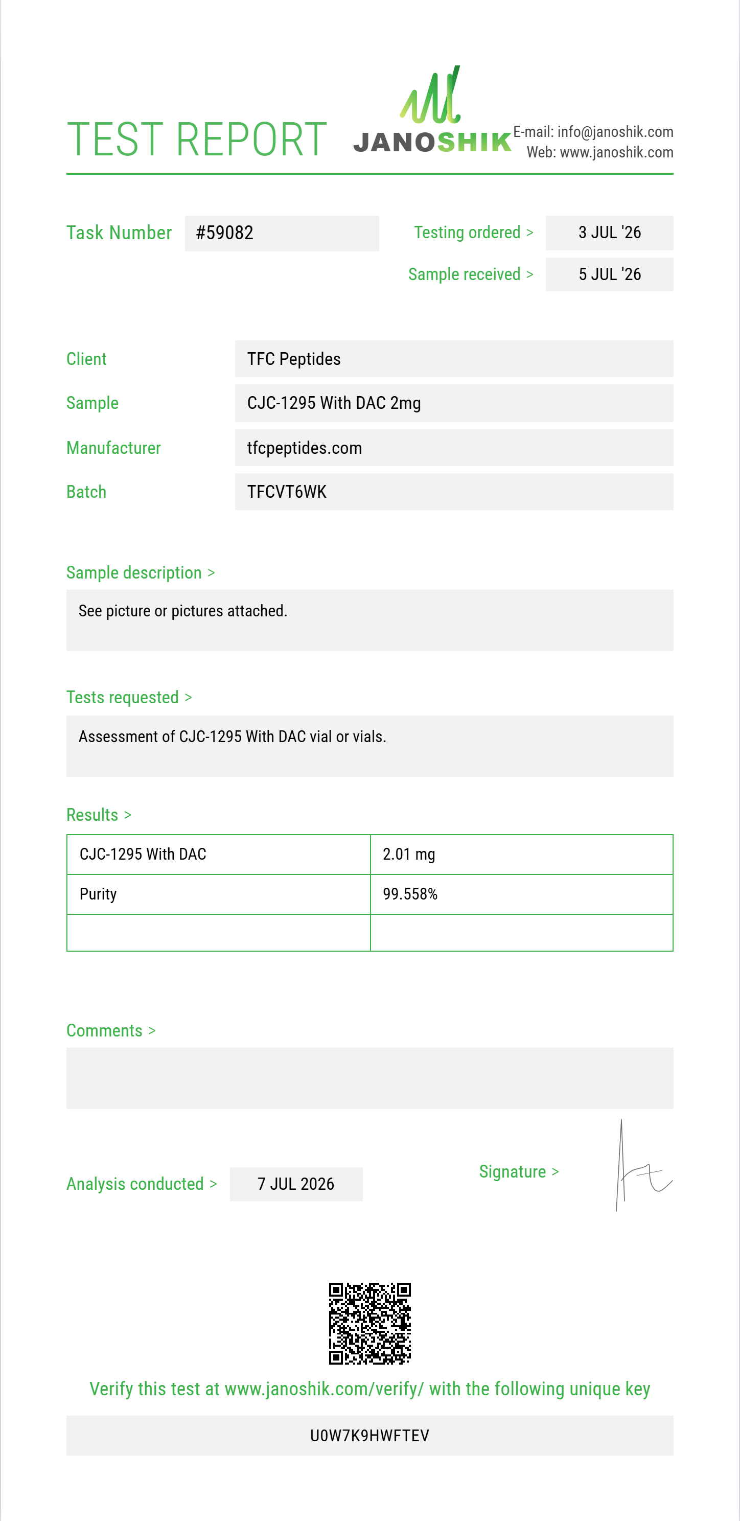 CJC-1295 With DAC Purity (HPLC) report by Janoshik Analytical