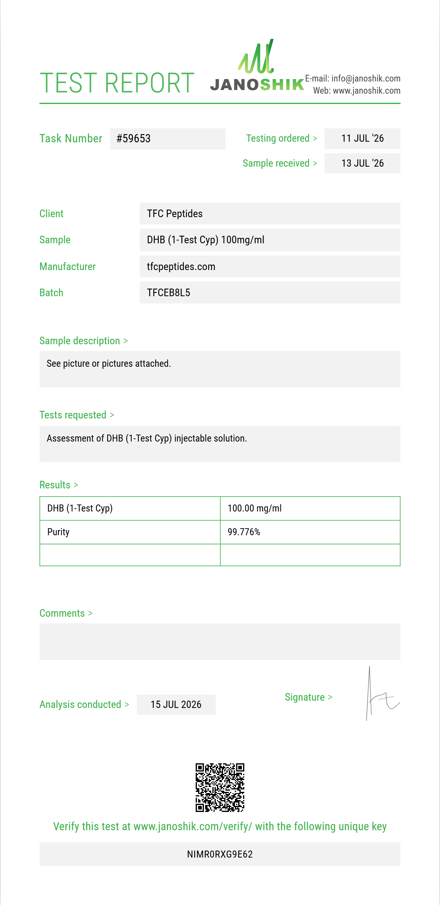DHB (1-Test Cyp) Purity (HPLC) report by Janoshik Analytical