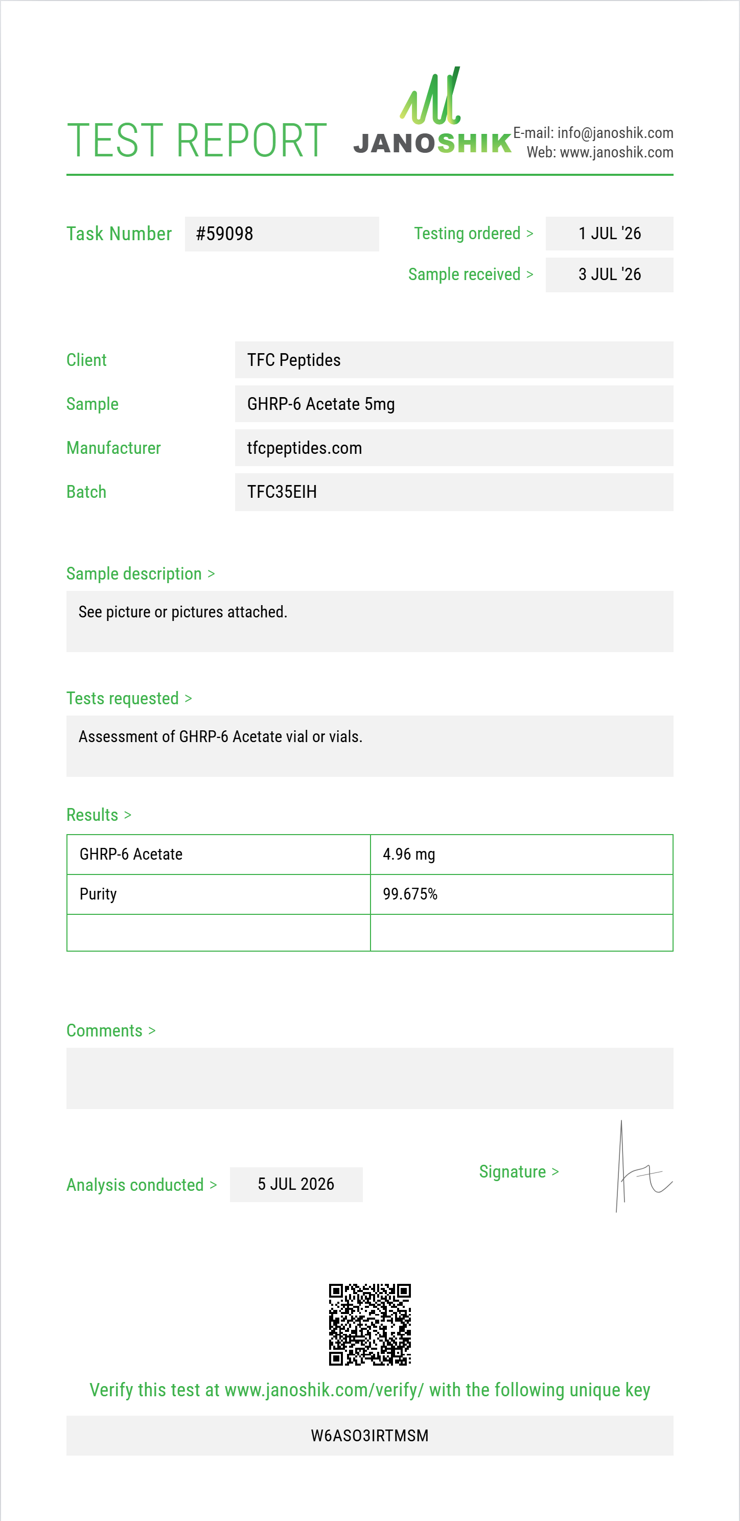 GHRP-6 Acetate Purity (HPLC) report by Janoshik Analytical