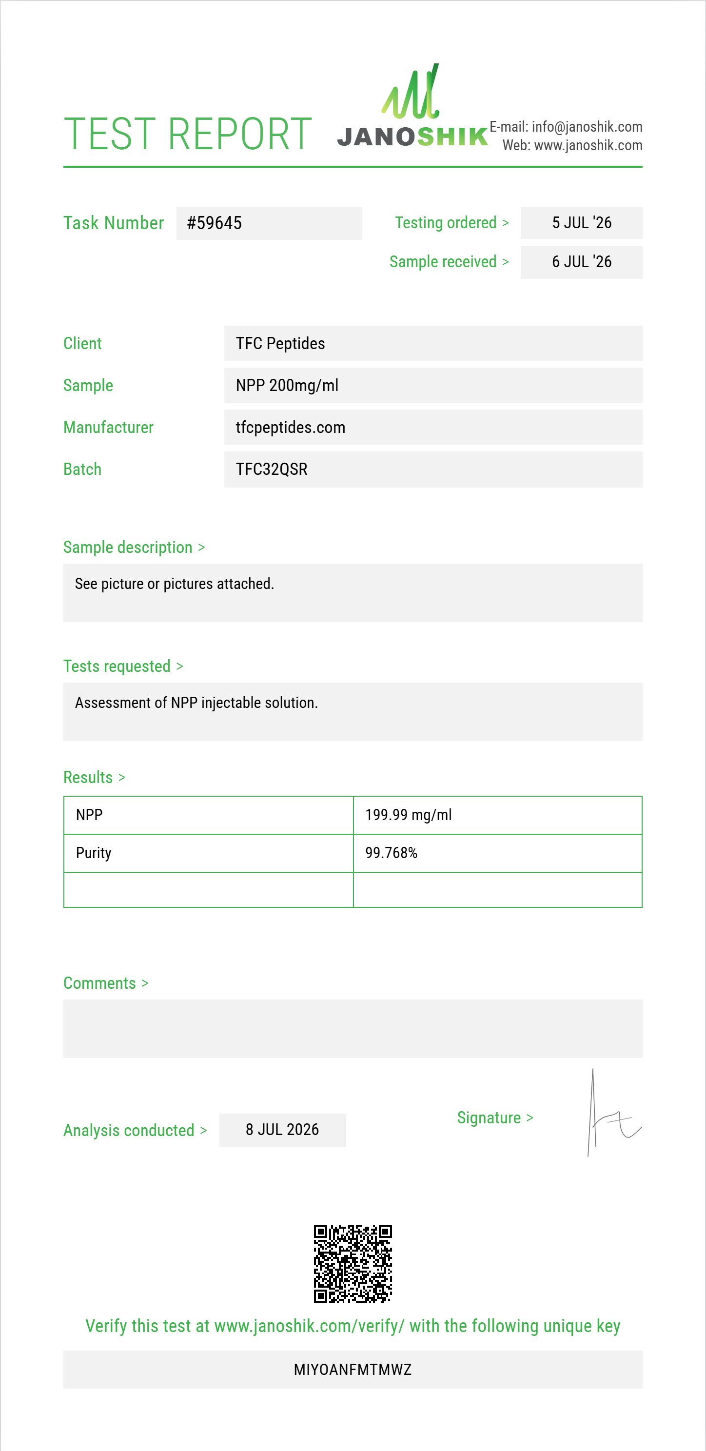 NPP Purity (HPLC) report by Janoshik Analytical