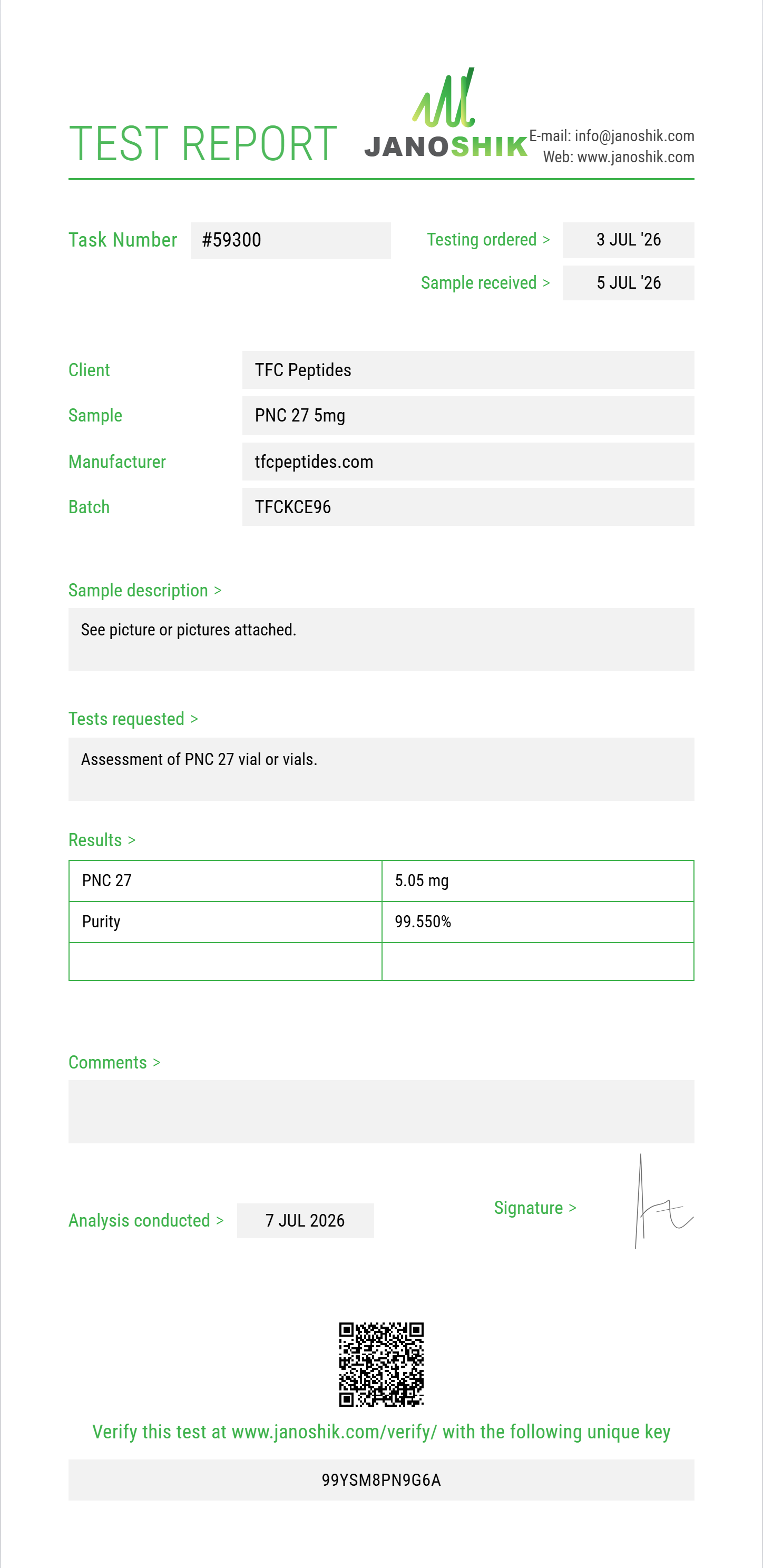 PNC 27 Purity (HPLC) report by Janoshik Analytical