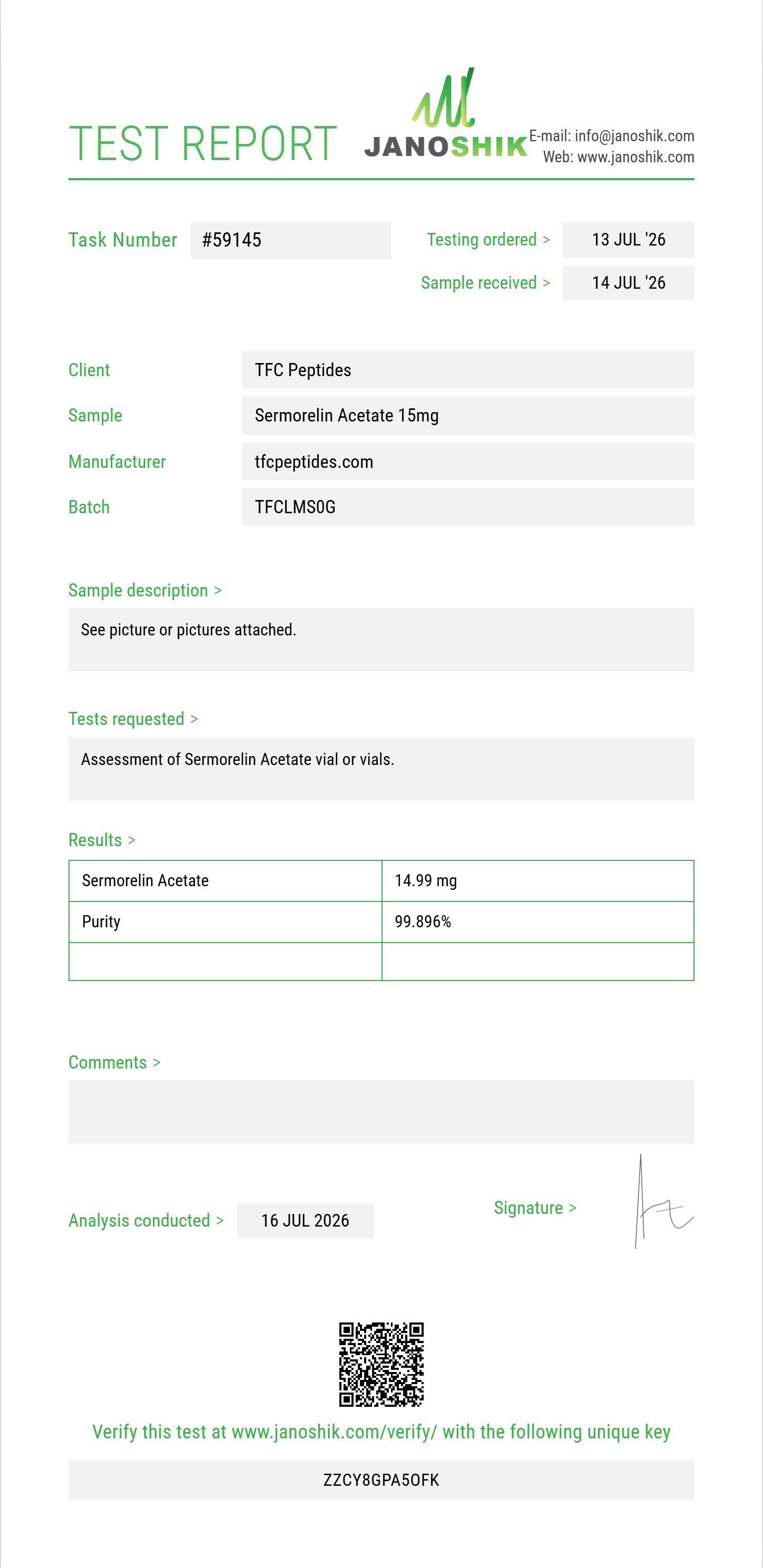 Sermorelin Acetate Purity (HPLC) report by Janoshik Analytical