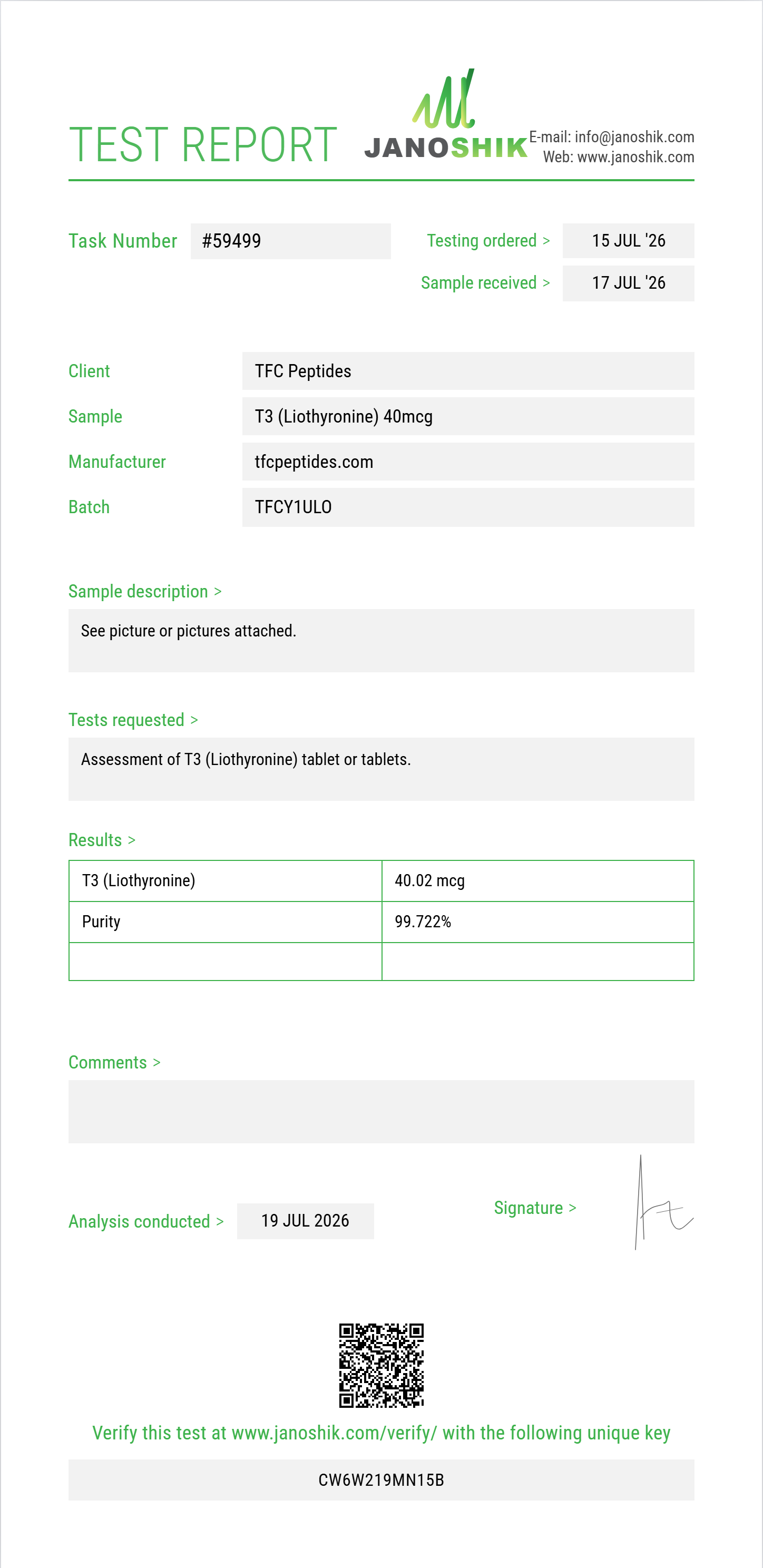 T3 (Liothyronine) Purity (HPLC) report by Janoshik Analytical