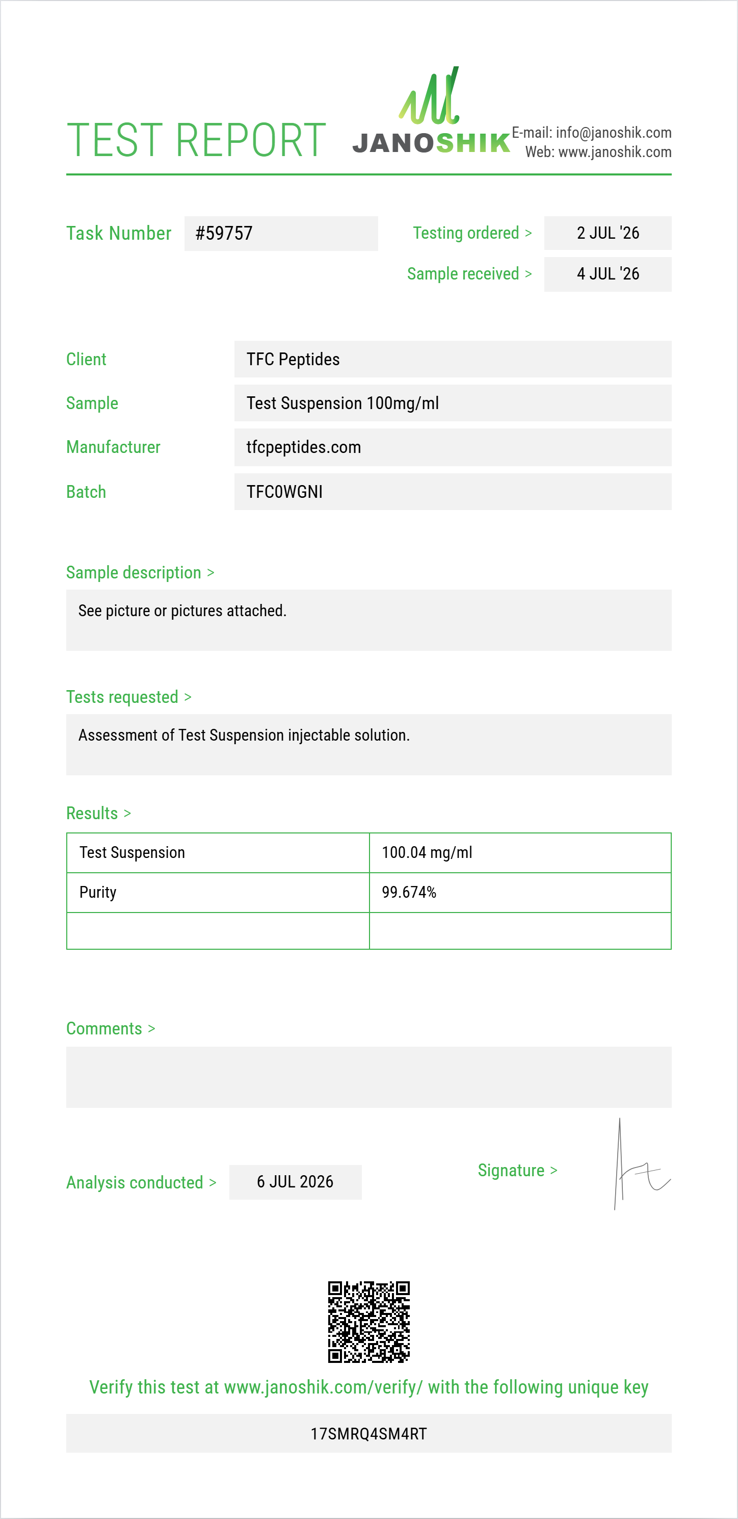 Test Suspension Purity (HPLC) report by Janoshik Analytical