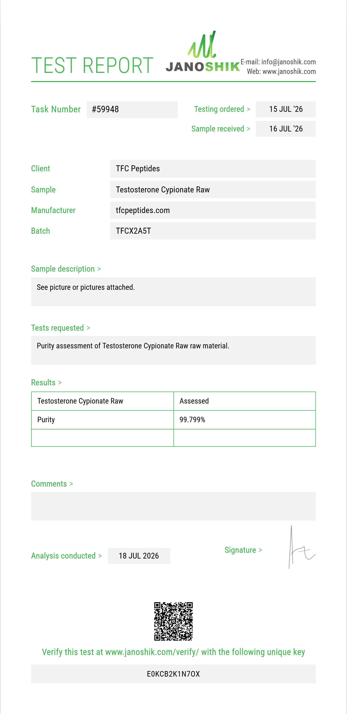 Testosterone Cypionate Raw Purity (HPLC) report by Janoshik Analytical