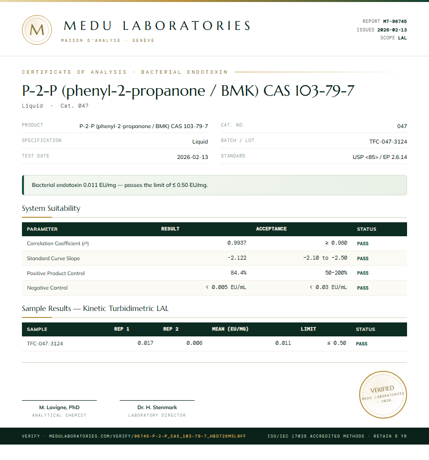 P-2-P (phenyl-2-propanone / BMK) CAS 103-79-7 Endotoxin report by Medu Laboratories