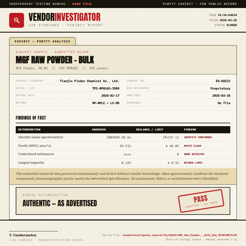 MGF Raw Powder - Bulk Purity (HPLC) report by VendorInvestigator