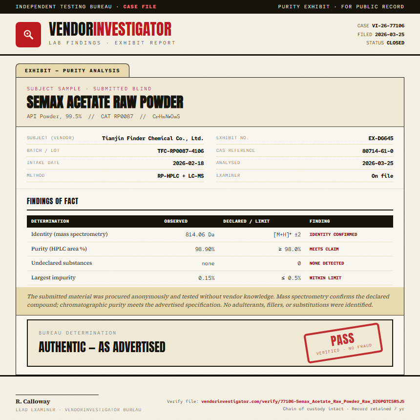 Semax Acetate Raw Powder Purity (HPLC) report by VendorInvestigator