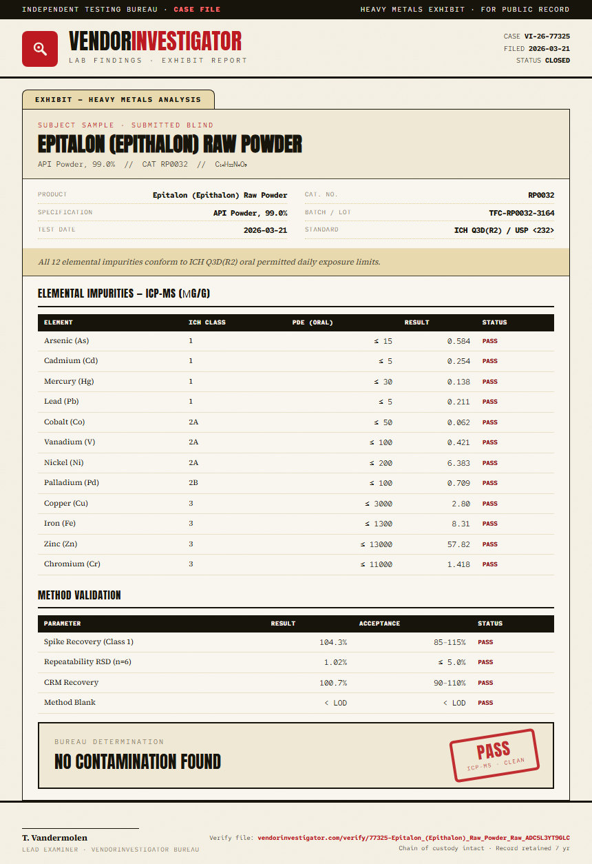 Epitalon (Epithalon) Raw Powder Heavy Metals report by VendorInvestigator