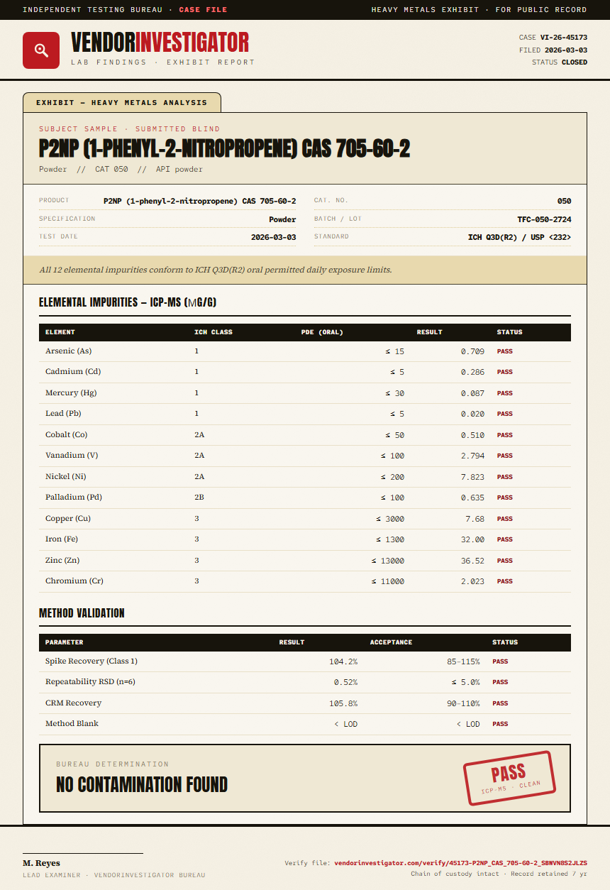 P2NP (1-phenyl-2-nitropropene) CAS 705-60-2 Heavy Metals report by VendorInvestigator