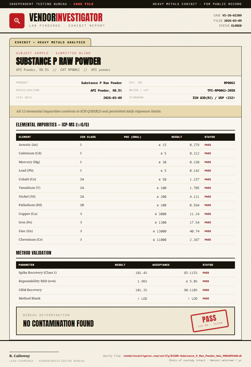Substance P Raw Powder Heavy Metals report by VendorInvestigator